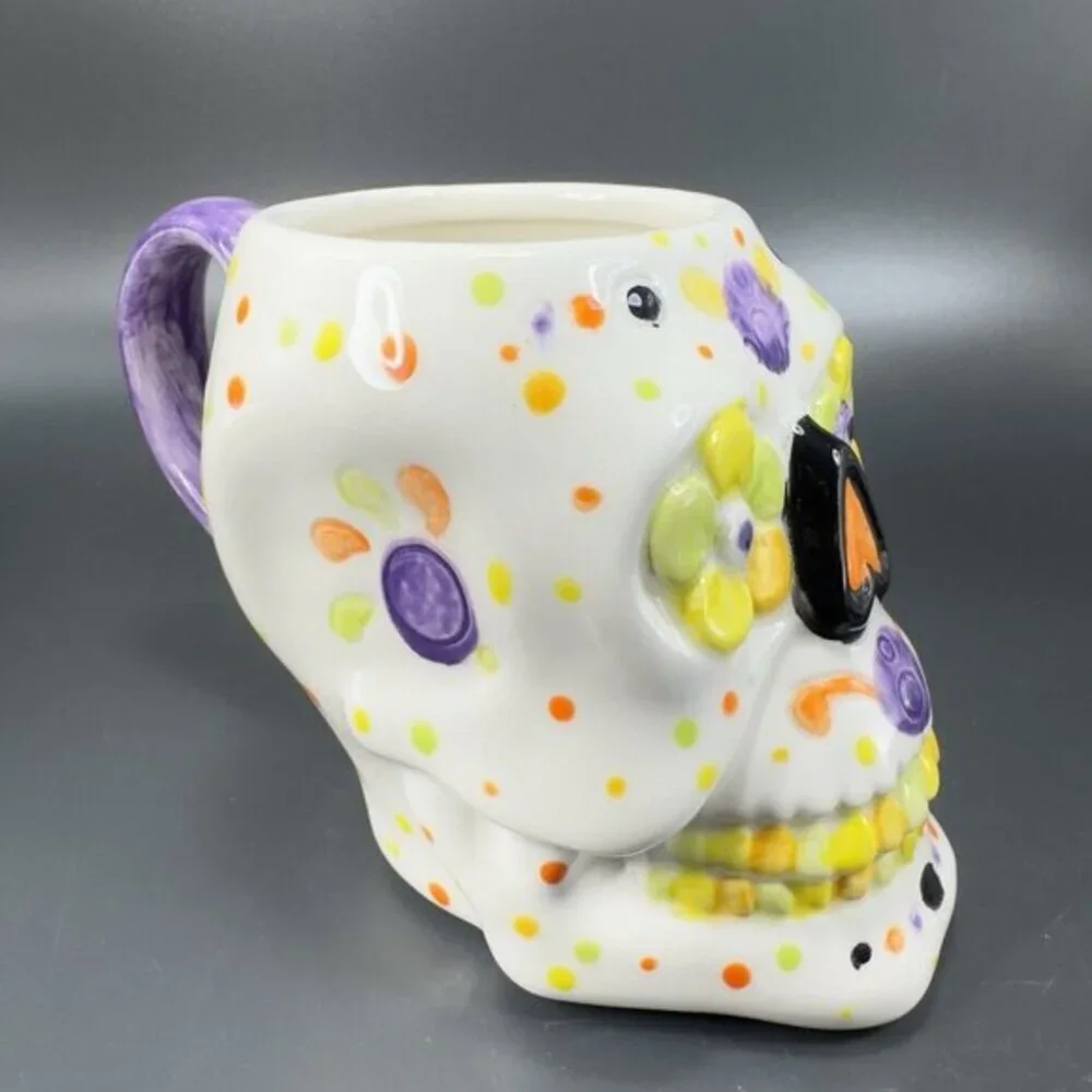 Hand Painted Skull Shaped Large Ceramic Mug Cup‎ Artist Signed Day Of The Dead